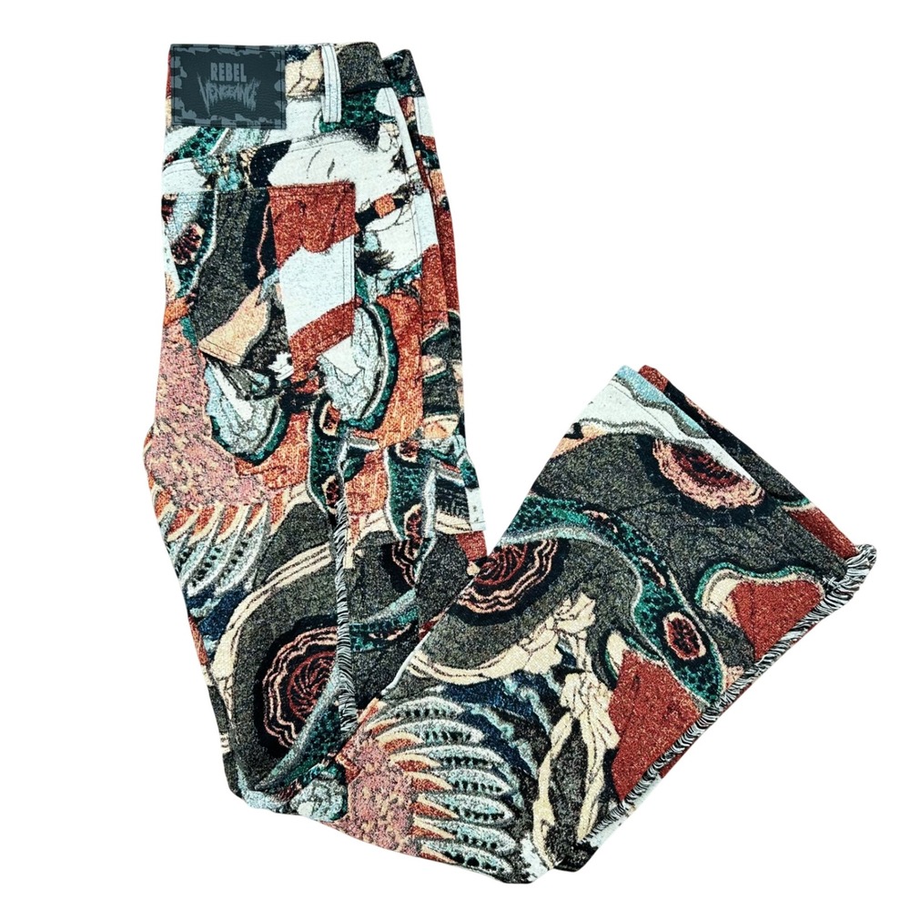 Rebel Vengeance Mens Tapestry Graphic Stacked Fit Pants Multi Color Woven Skull